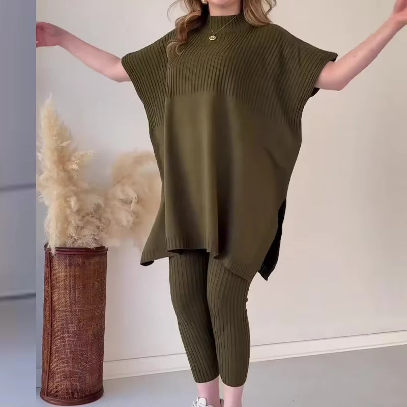 Golden Hour Luxe: Autumn Knit Batwing Top & Casual Pant Set