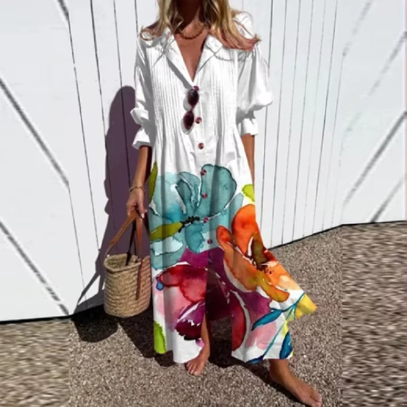 Boho Drift: Retro Print V-Neck Vacation Maxi Dress 2025