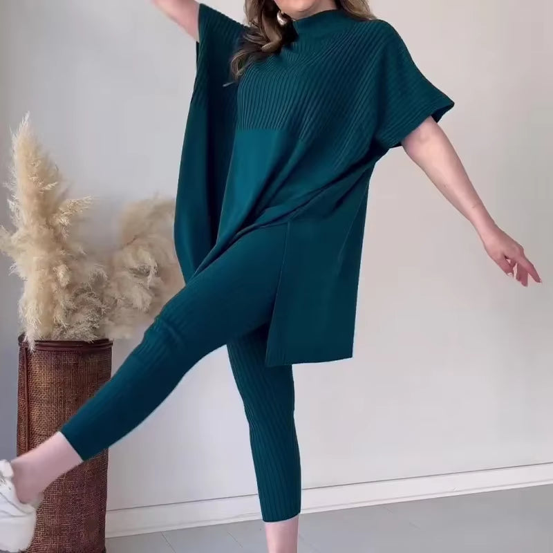 Golden Hour Luxe: Autumn Knit Batwing Top & Casual Pant Set