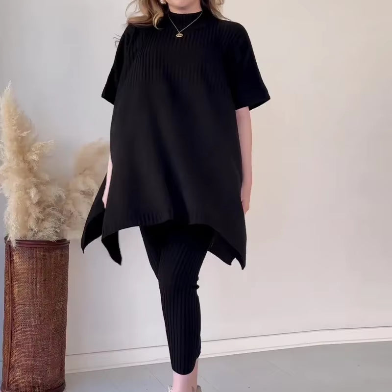 Golden Hour Luxe: Autumn Knit Batwing Top & Casual Pant Set