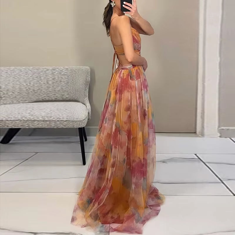 Elegant Pleated Mesh Evening Dress – Off Shoulder, Backless, High Waist Long Vacation Dress for Women